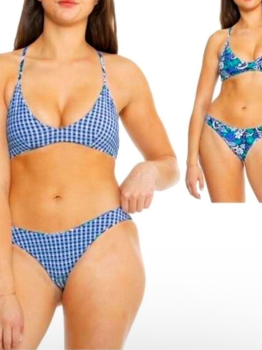 Roxy Reversible Blue Gingham & Tropical Flower Women's Bikini Set - Size Small